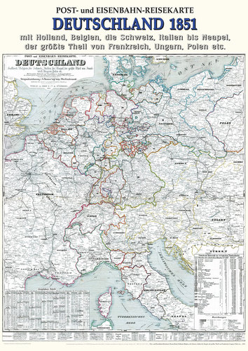 Post- und Eisenbahn-Reisekarte DEUTSCHLAND, 1851 (Reprint)