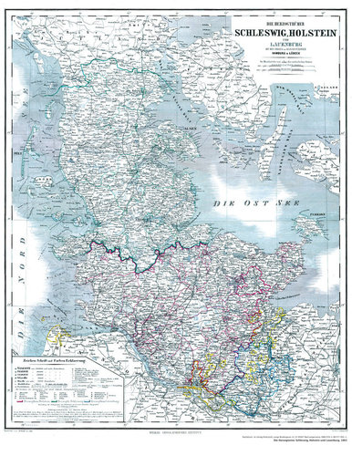 Hist. Karte: Herzogtümer Schleswig, Holstein und Lauenburg 1865 (Plano)