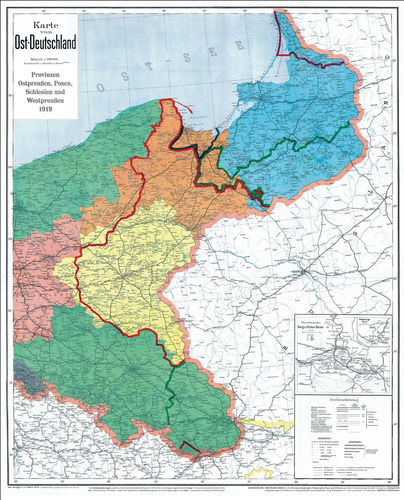 Hist.Karte: DEUTSCHES REICH – Ostpreußen, Westpreußen, Posen, Schlesien nach Versailler Vertrag 1919