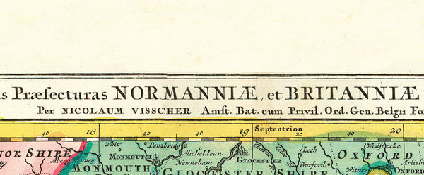 Karte 1710: Normandie, Britannia, Cornwall, Devon, Somerset, Dorset, Hampshire, East Sussex, Kent