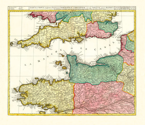 Karte 1710: Normandie, Britannia, Cornwall, Devon, Somerset, Dorset, Hampshire, East Sussex, Kent