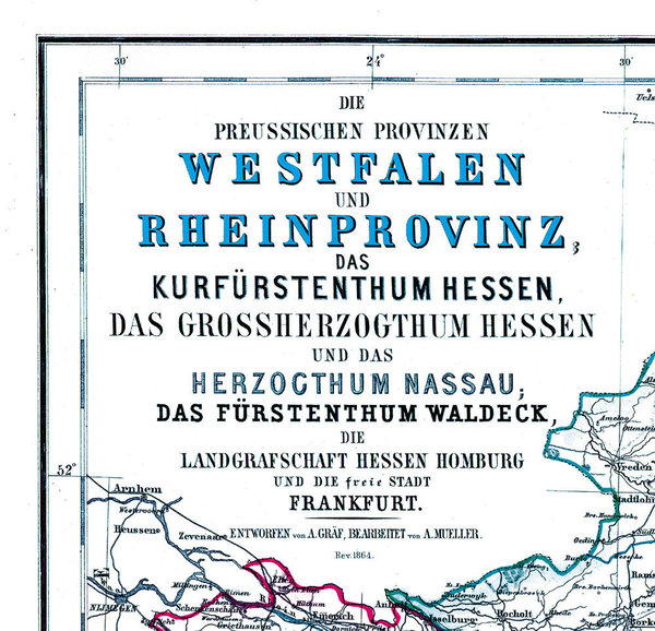 Hist. Karte: Westfalen Rheinprovinz mit Hessen Waldeck 1864 (Plano)