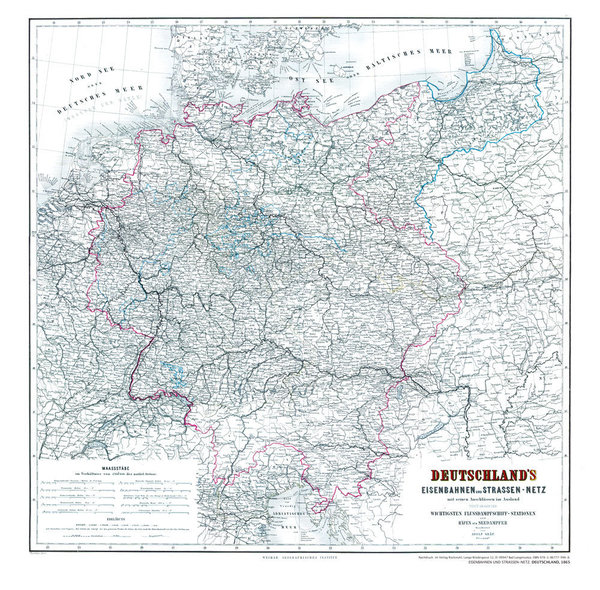 Hist. Karte: DEUTSCHLAND 1865 [Eisenbahnkarte mit Straßennetz