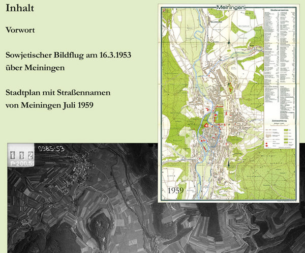 MEININGEN aus der Luft 1953 mit Stadtplan 1959