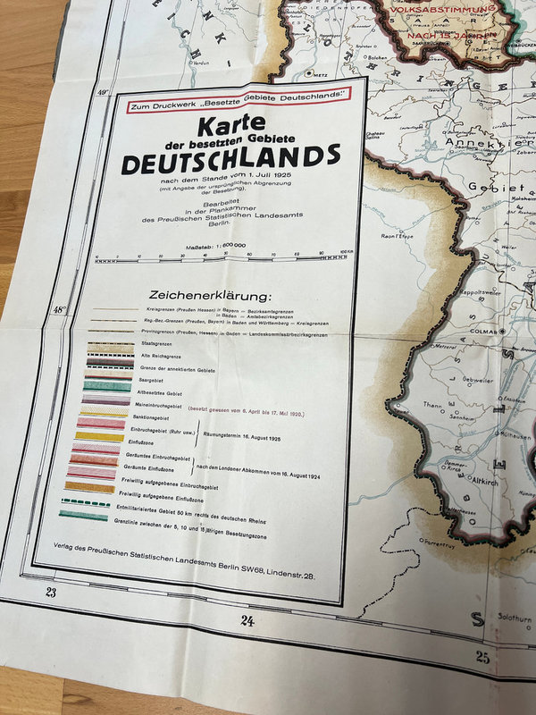 ORIGINAL KARTE: Deutschland 1925 - Besetzte Gebiete WEST
