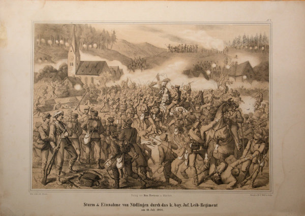 ORIGINAL GRAFIK. Sturm Einnahme von Nüdlingen durch  k.bay Inf. Leip-Regiment 10. Juli 1866