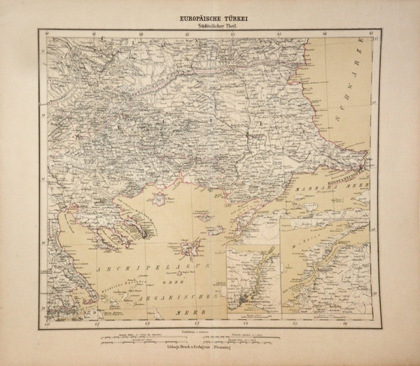 ORIGINAL Karte: Europäische Türkei - Südöstlicher Theil. Mit Einzelkarte Konstantinobel 1877