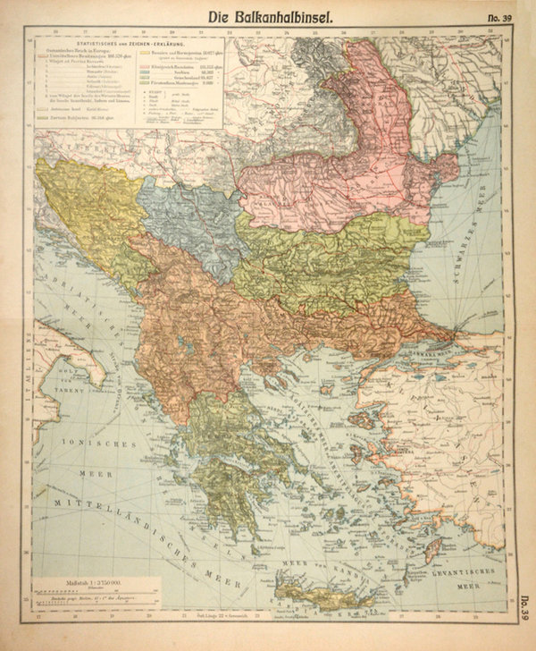 ORIGINAL Karte: Die BALKANHALBINSEL, um 1910. Osmanisches Reich in Europa, Kreta, Zartum Bulgarien,