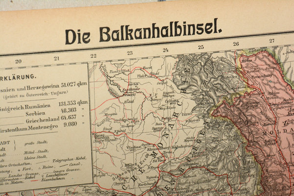 ORIGINAL Karte: Die BALKANHALBINSEL, um 1910. Osmanisches Reich in Europa, Kreta, Zartum Bulgarien,